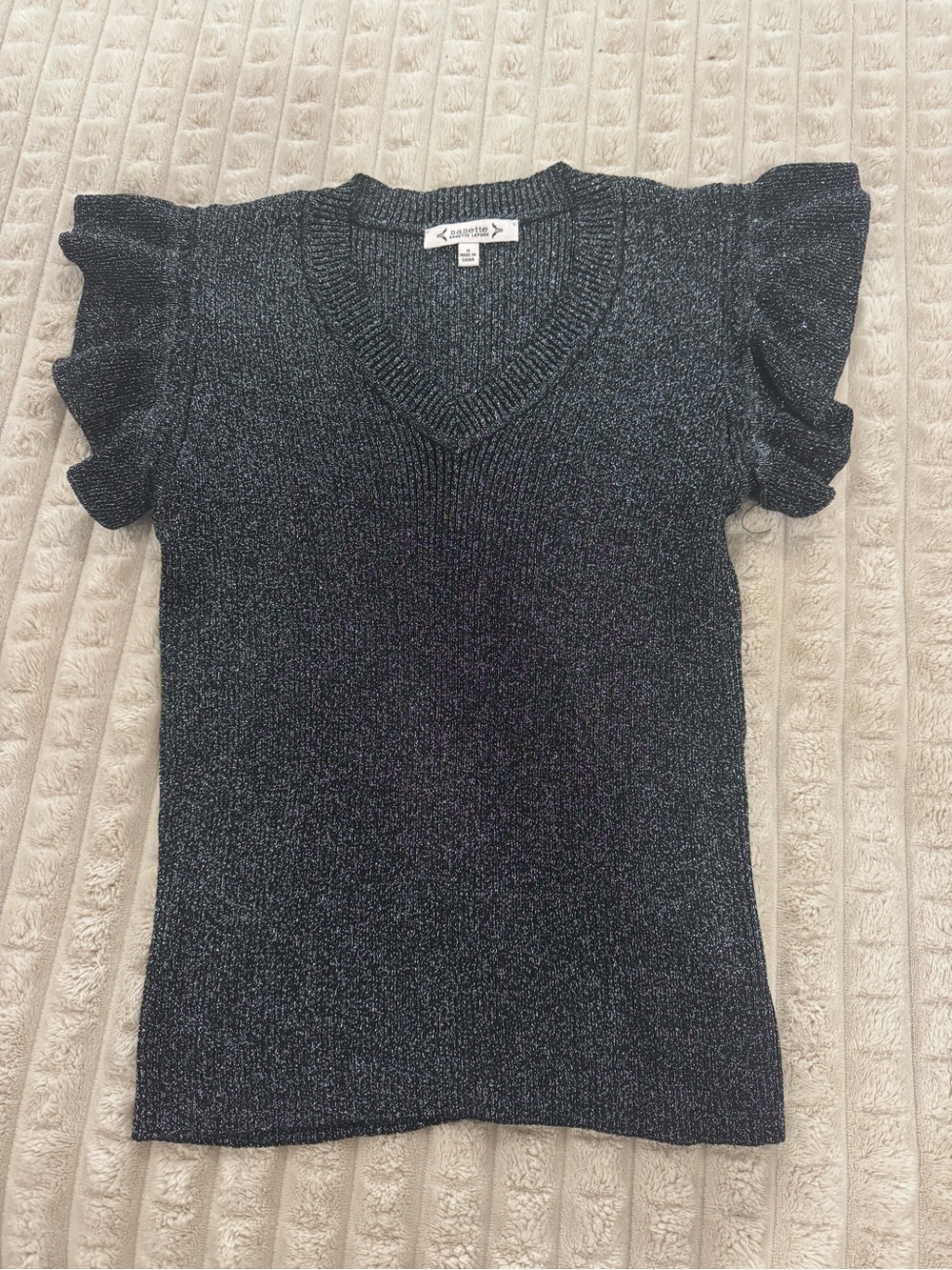 Nanette Lepore Metallic Black Ruffle Sleeve V-Neck Top Small